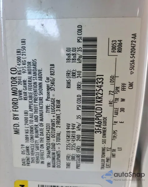 2019 Ford Fusion Sel z USA, uszkodzony, nr VIN 3FA6P0CD1KR254331